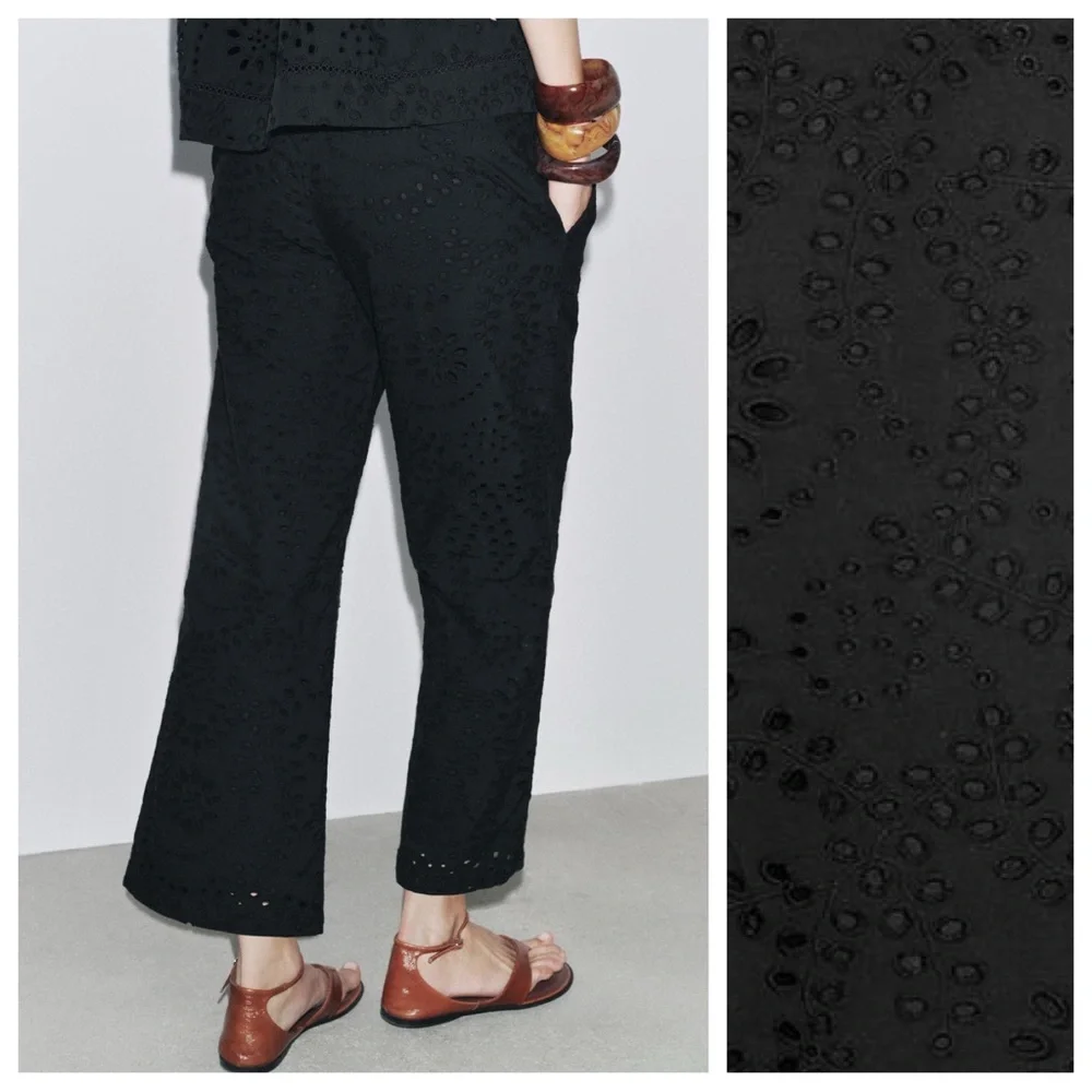 NWT. Zara ZW Collection Black Cutwork Embroider Mid-Waist Trousers. Size XL.